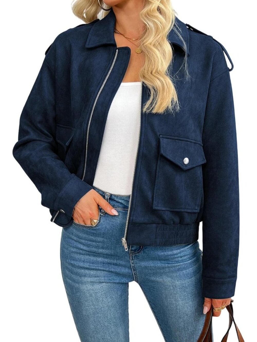Women's Navy Blue Faux Suede ZIP Up Loose Fit Casual Fall Outerwear Coat Jacket